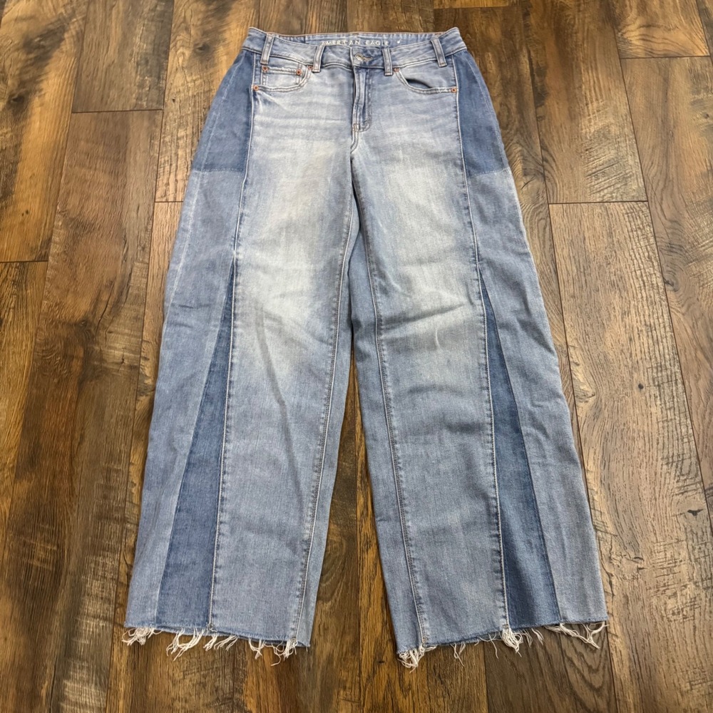American Eagle Low‎ Rise Baggy Wide Leg Jeans Light Wash Two Tone Size 2 Regular